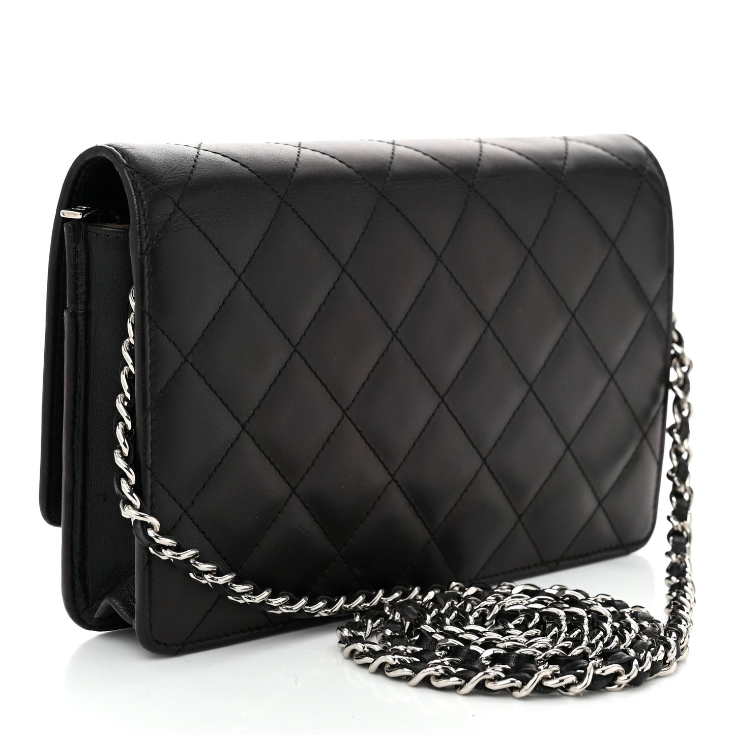 Calfskin Quilted Cambon Wallet on Chain WOC Black Silver