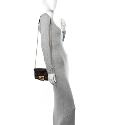 Fendi Fabric Jacquard Paillettes Vitello Seta FF 1974 Mini Baguette Testa di Moro Real Ebano 2 of 11
