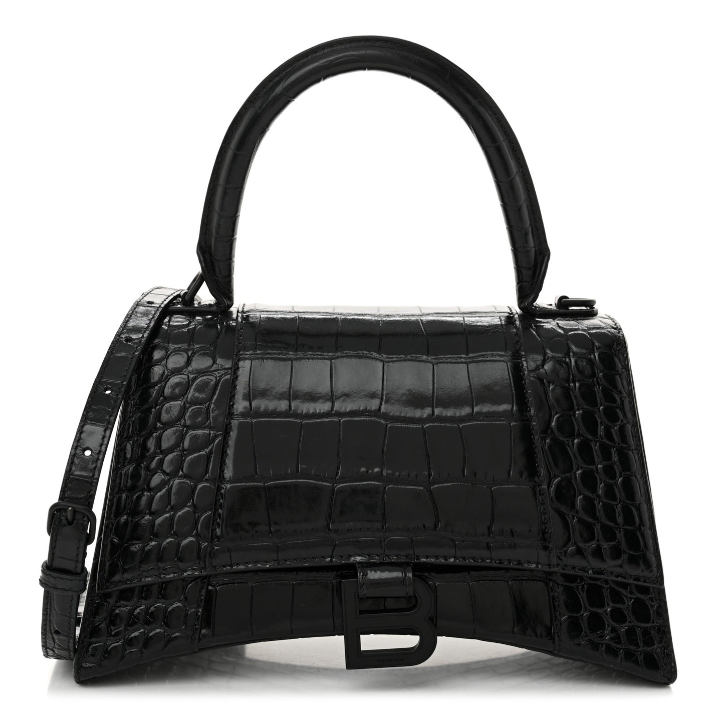 Shiny Calfskin Monochrome Crocodile Embossed Small Hourglass Top Handle Bag Black