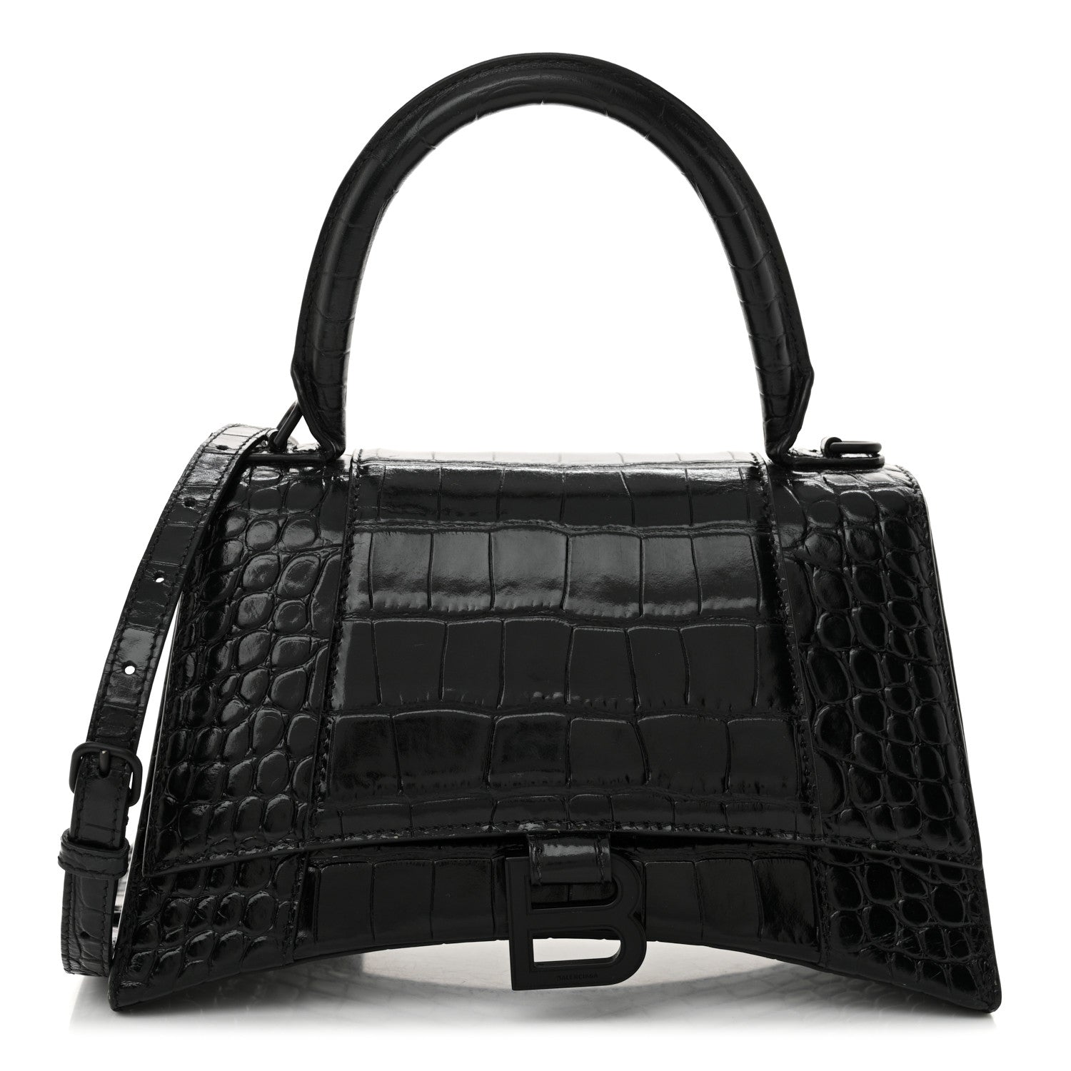 Balenciaga Shiny Calfskin Monochrome Crocodile Embossed Small Hourglass Top Handle Bag Black 1 of 12