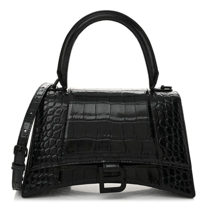 Balenciaga Shiny Calfskin Monochrome Crocodile Embossed Small Hourglass Top Handle Bag Black 1 of 12