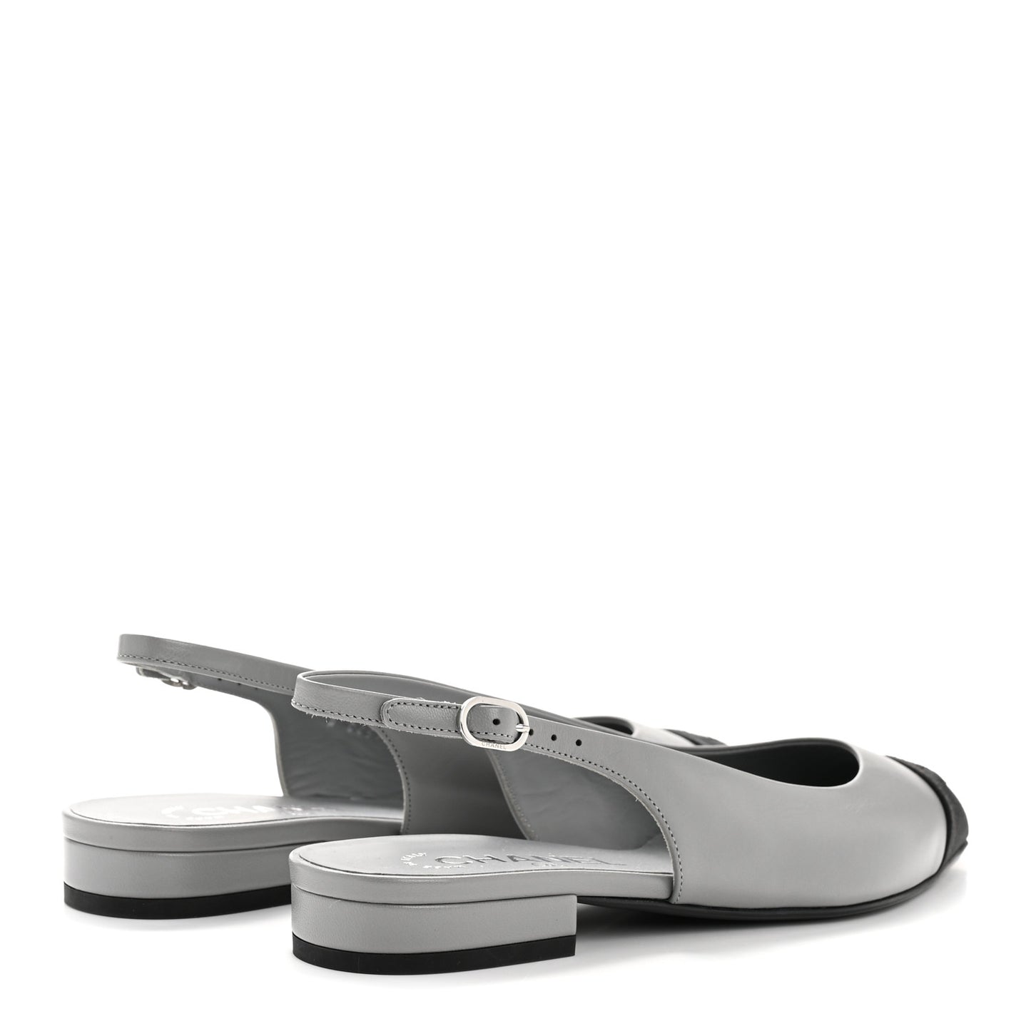 Goatskin Grosgrain Pointed Toe CC Slingback Flats 36 Gray Black