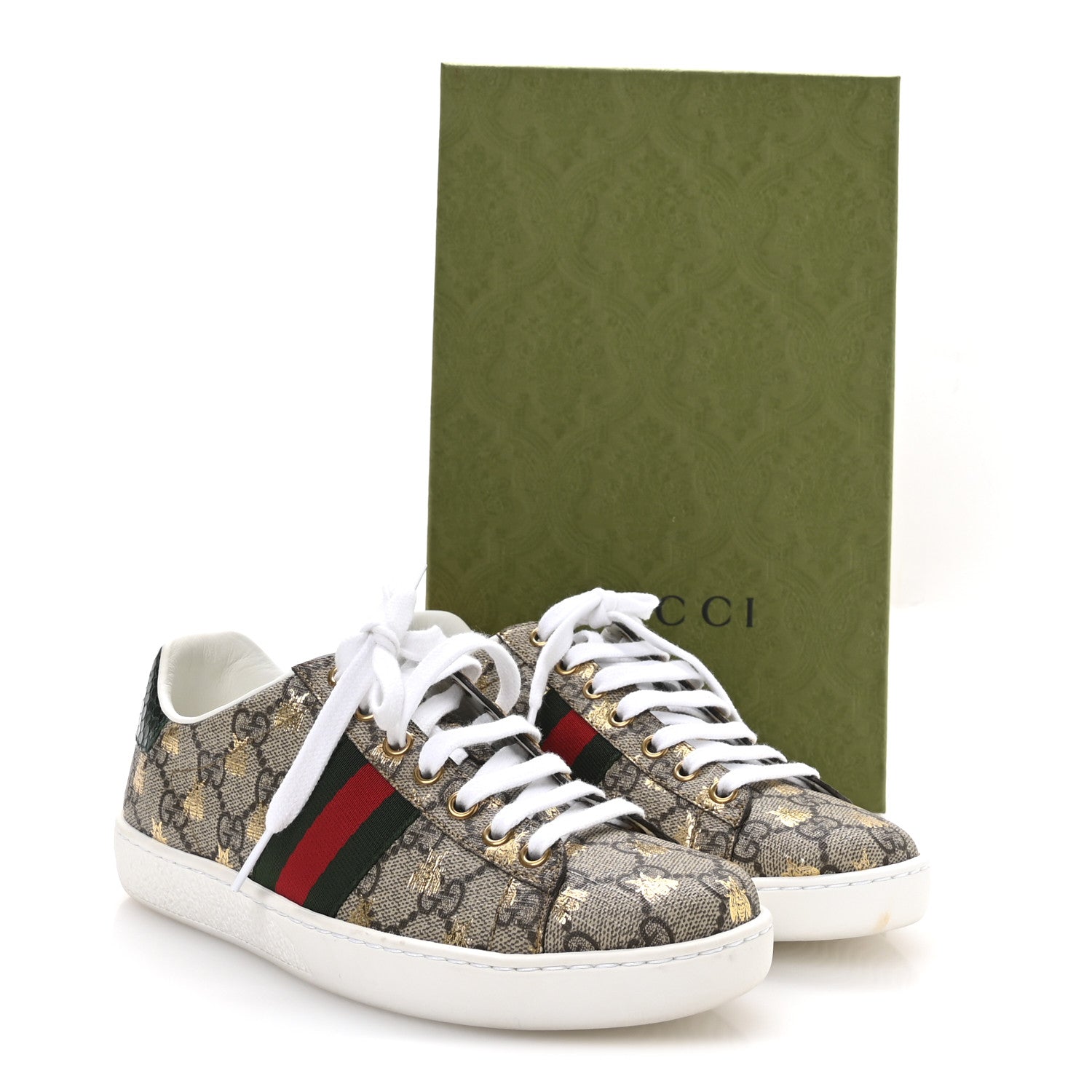 Gucci GG Supreme Monogram Bees Ayers Web Womens Ace Sneakers 37 Beige Oro Green Red 9 of 9