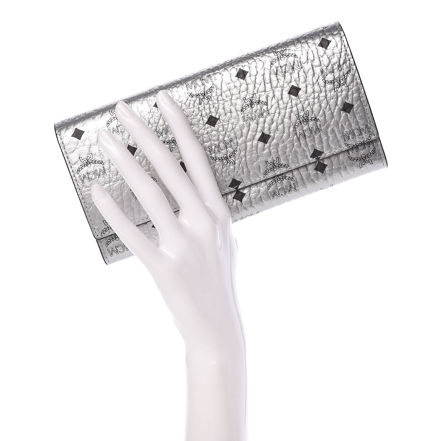 MCM Metallic Visetos Large Tri-Fold Flap Wallet Berlin Silver 2 of 9