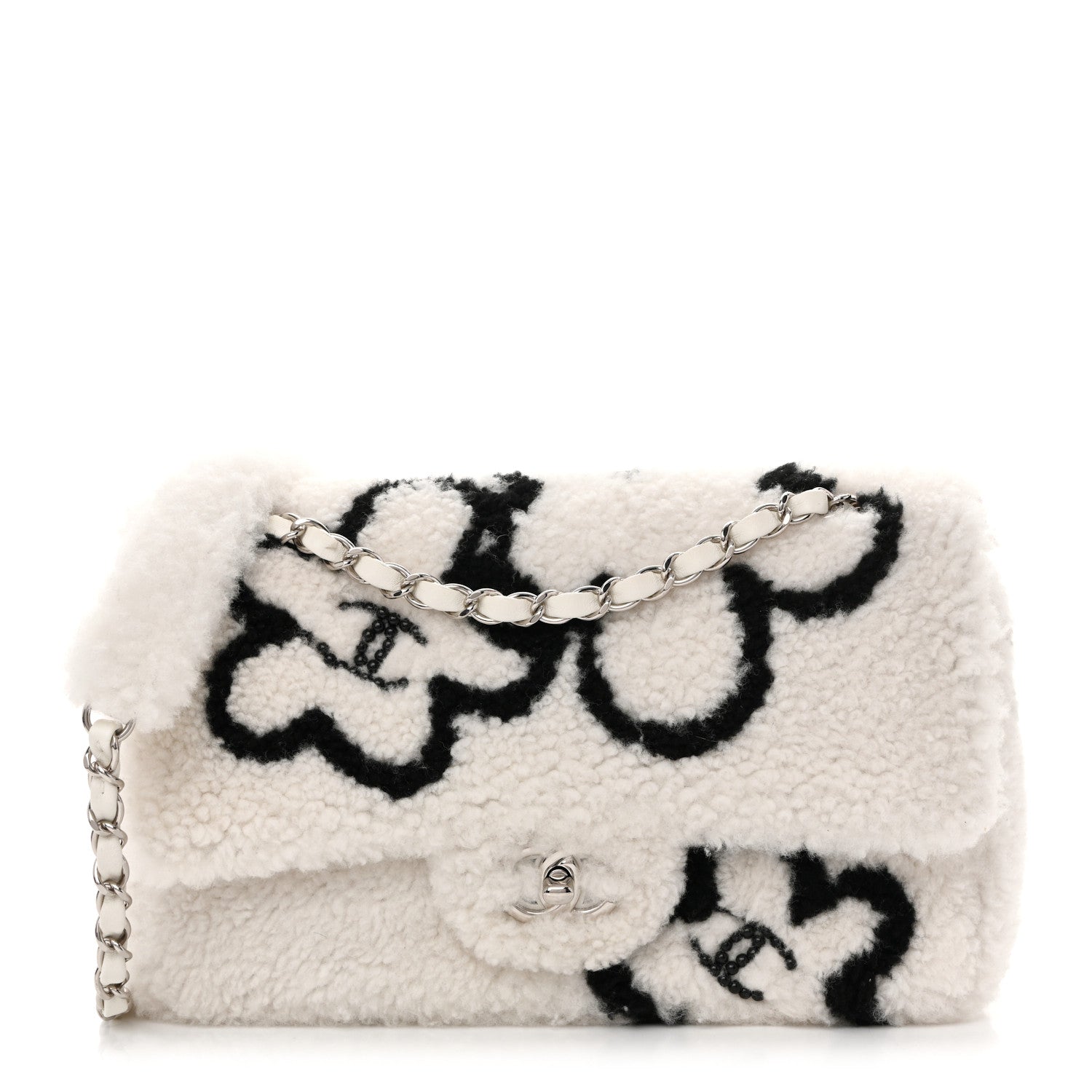 Chanel Wool Shearling Medium Single Flap Ecru Black 1 of 11