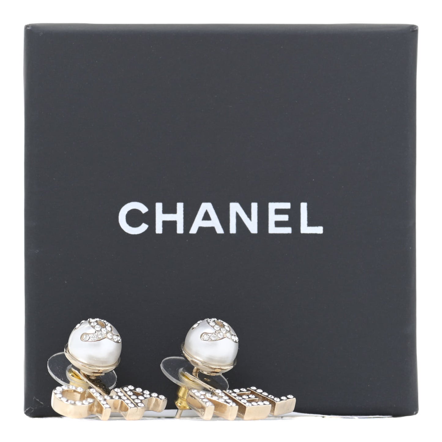 Pearl Crystal Logo Earrings Gold Pearly White