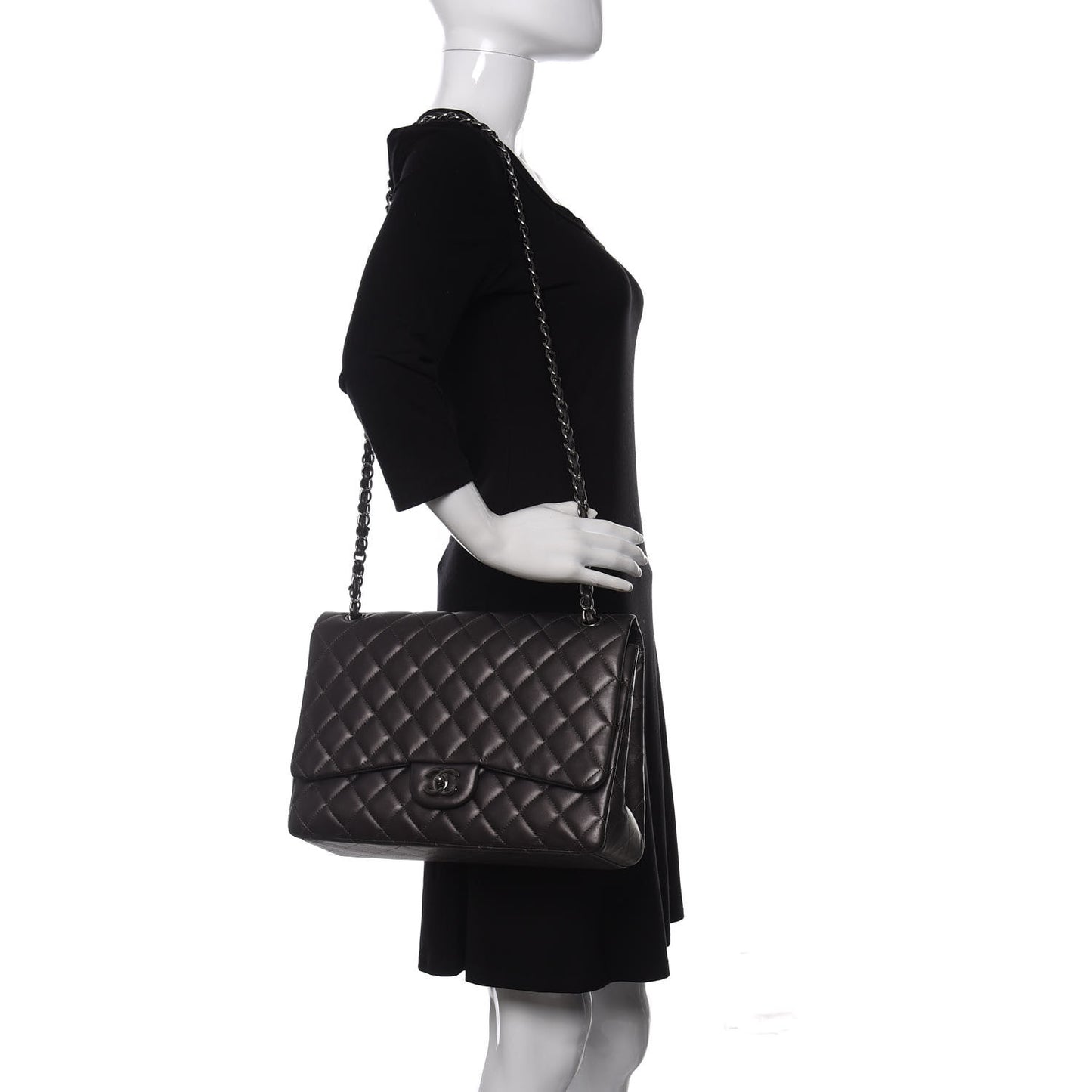 Metallic Lambskin Quilted Maxi Single Flap Dark Grey
