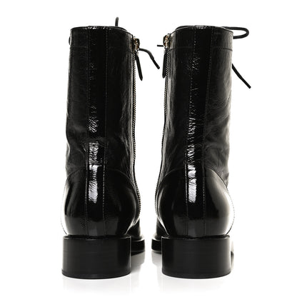 Chanel Crumpled Lambskin Shiny Calfskin Lace Up Combat Boots 40.5 Black 6 of 10