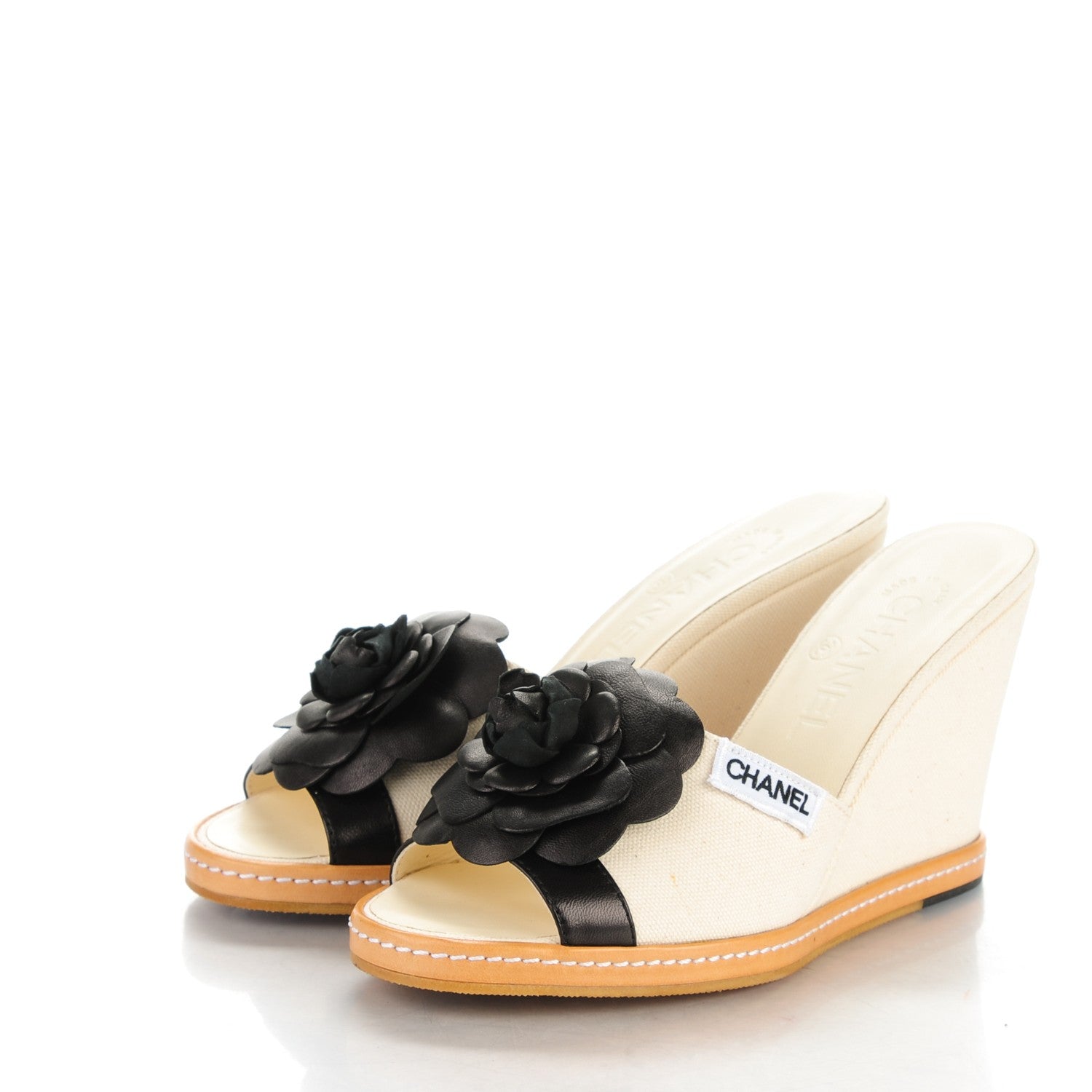 Chanel Canvas Camellia Wedge Sandals 36.5 Off White 3 of 8