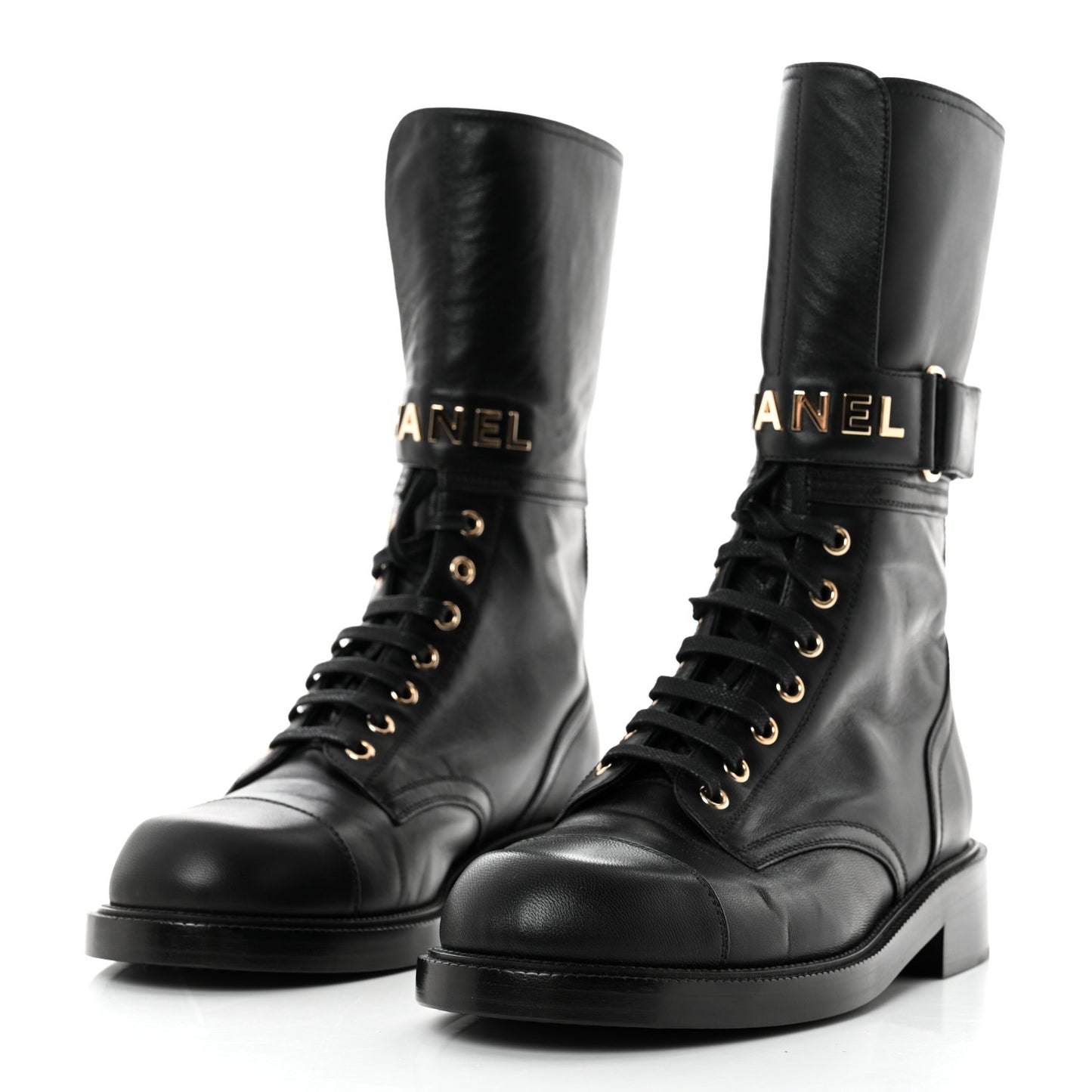 Shiny Calfskin Lace Up Combat Boots 40 Black