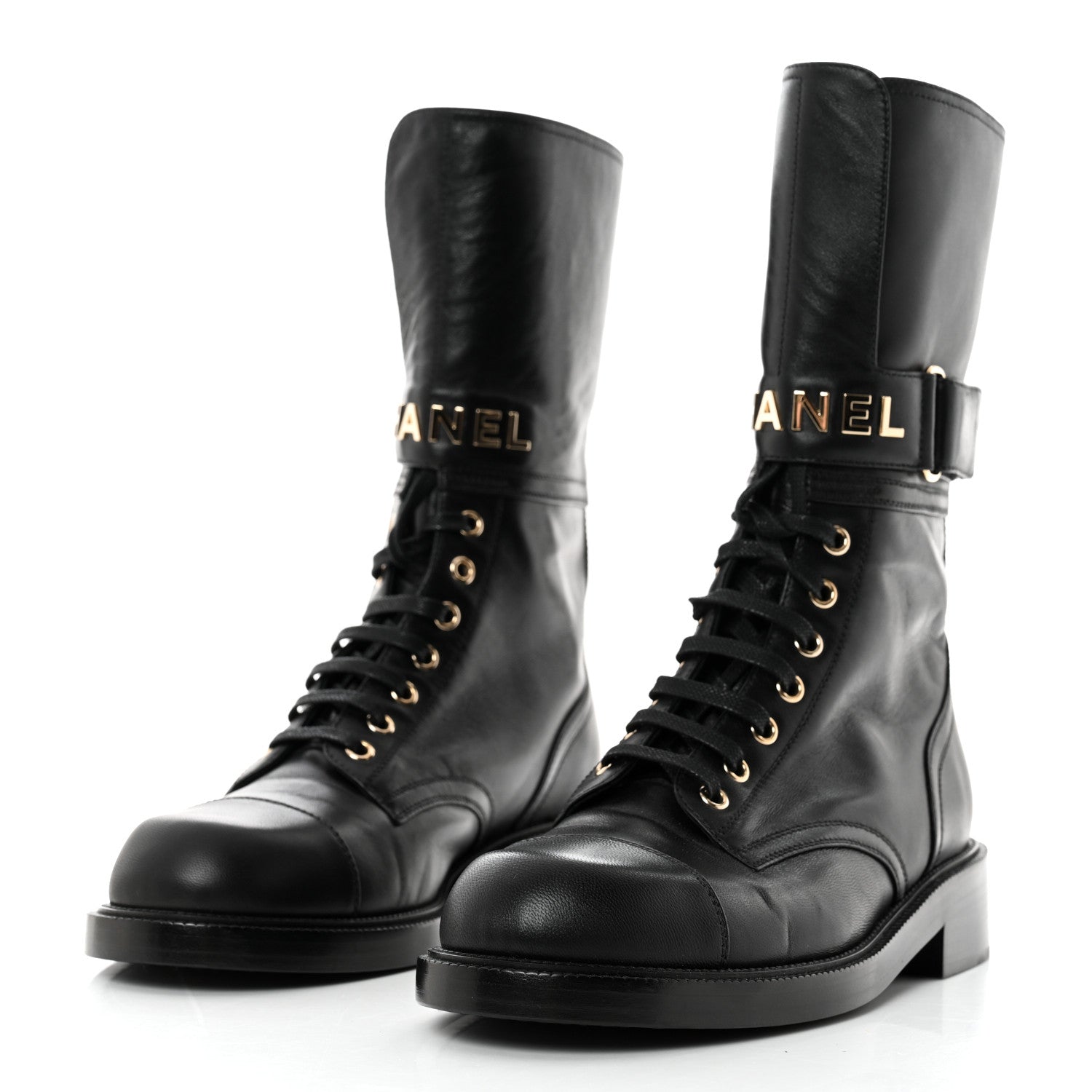 Chanel Shiny Calfskin Lace Up Combat Boots 40 Black 3 of 8