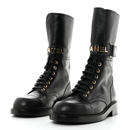 Chanel Shiny Calfskin Lace Up Combat Boots 40 Black 3 of 8