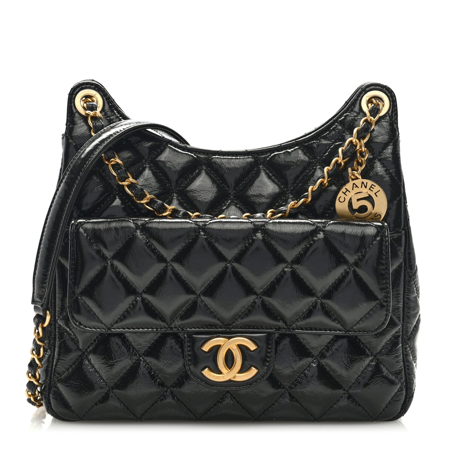 Shiny Crumpled Calfskin Quilted Wavy CC Hobo Black