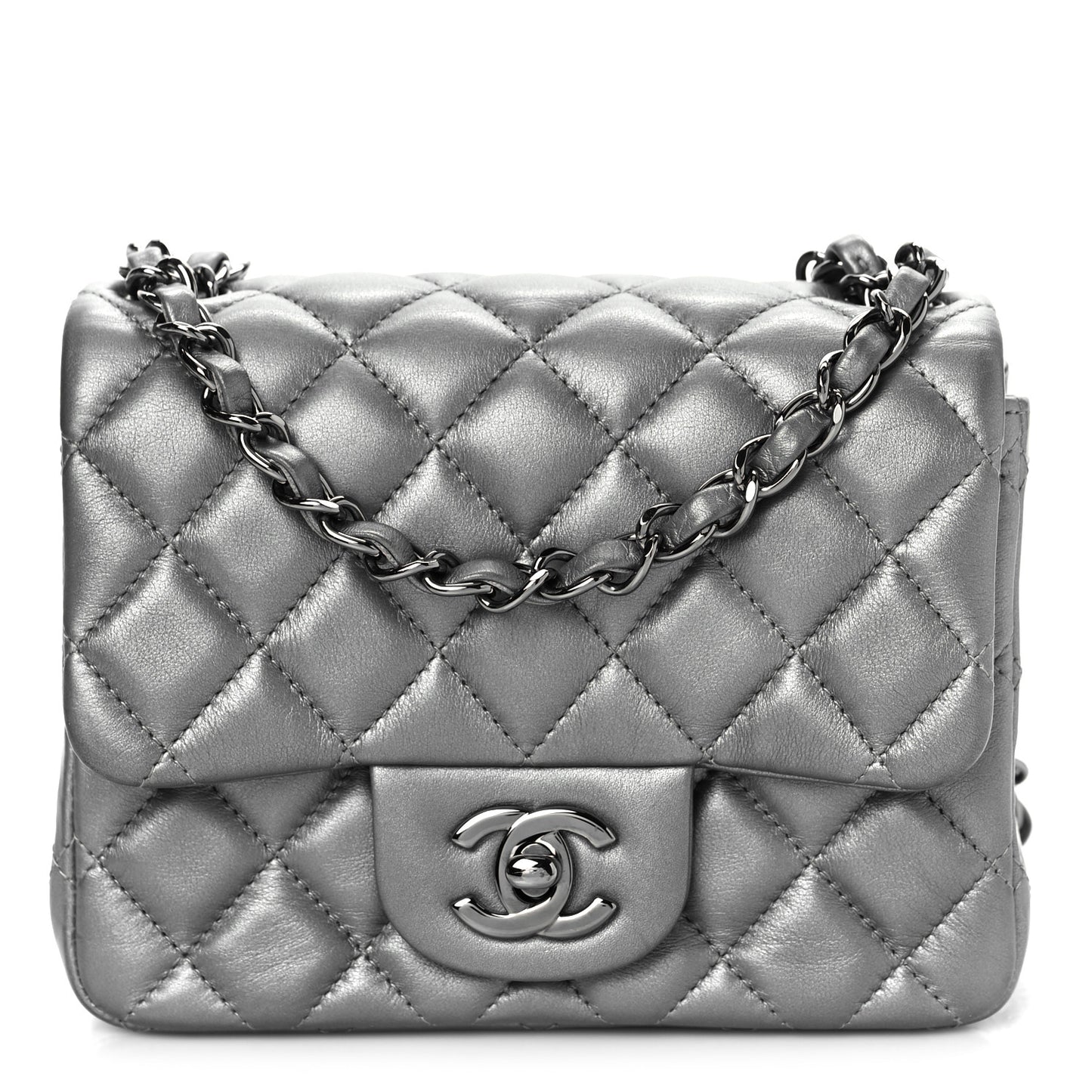 Metallic Lambskin Quilted Mini Square Flap Dark Silver