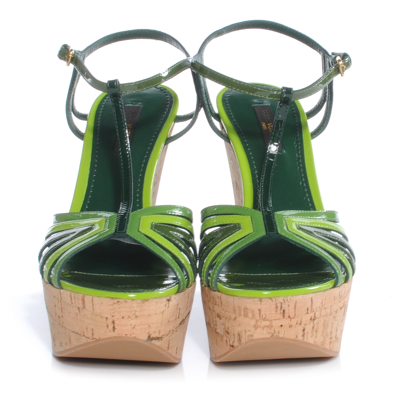 Louis Vuitton Patent Cork Summertime Wedges 37.5 Green 3 of 7