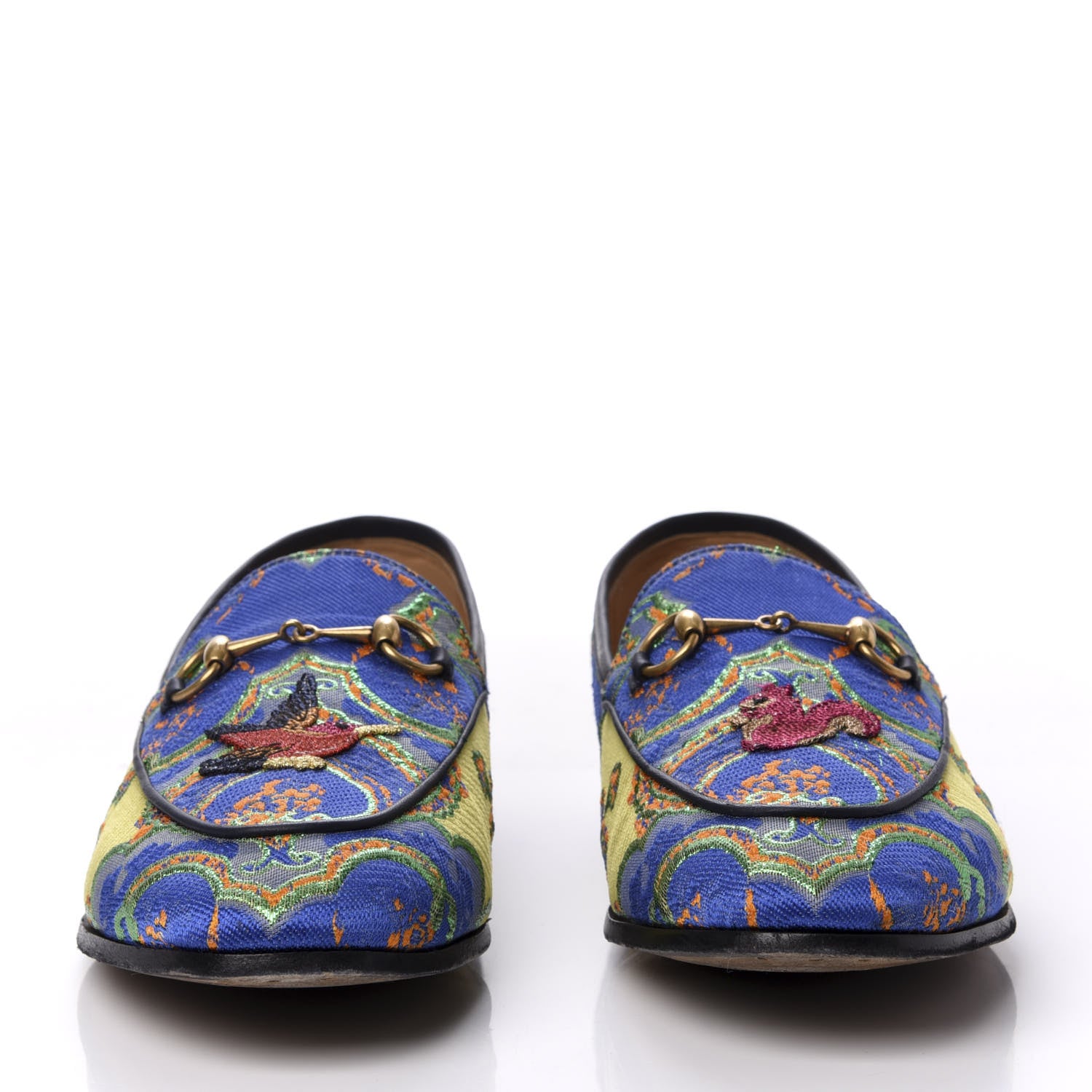 Gucci Jacquard Lambskin Flower Embroidered Womens Horsebit Jordaan Loafers 41 Acid Lime Electric Blue 3 of 11