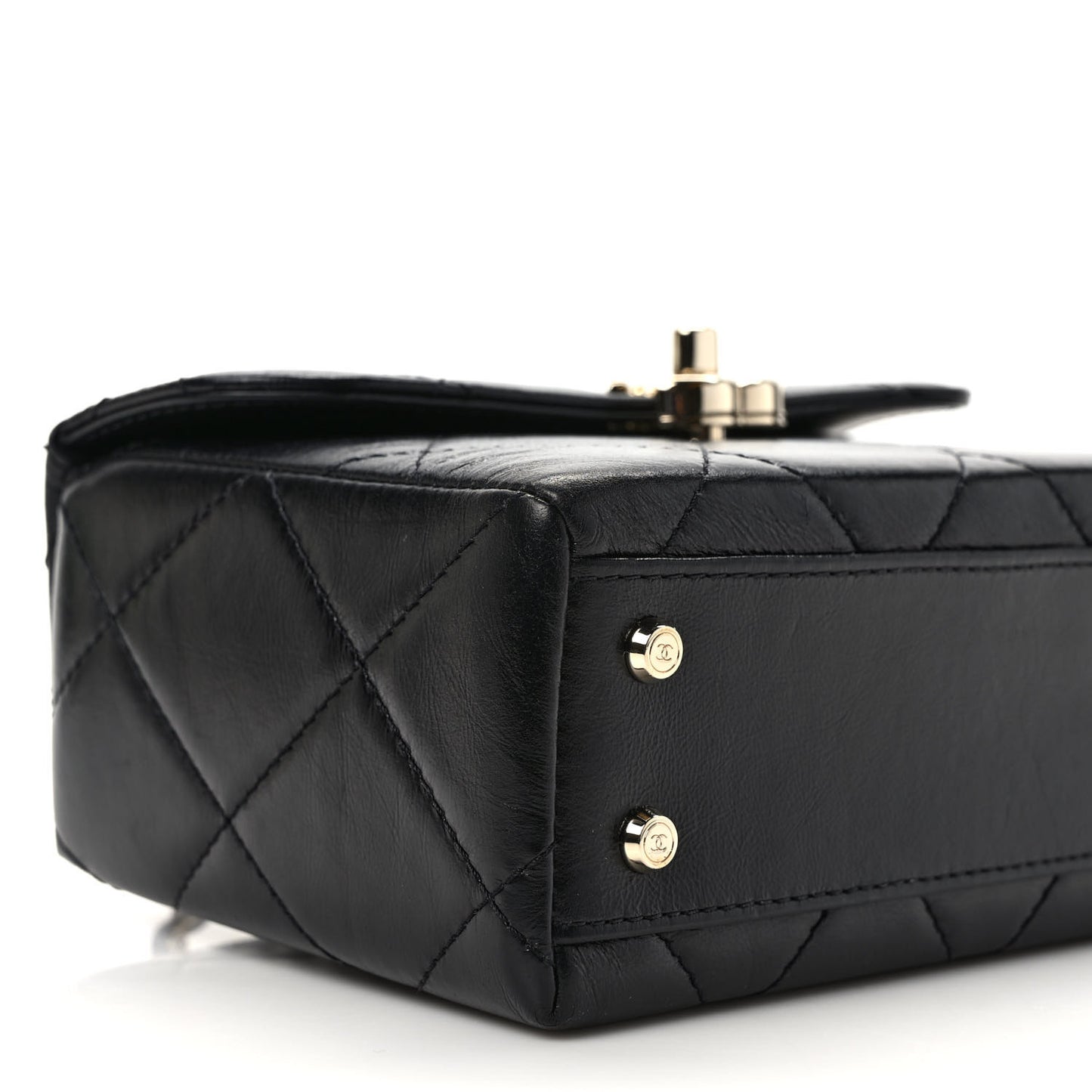 Shiny Calfskin Quilted Small CC Top Handle Box Bag Black