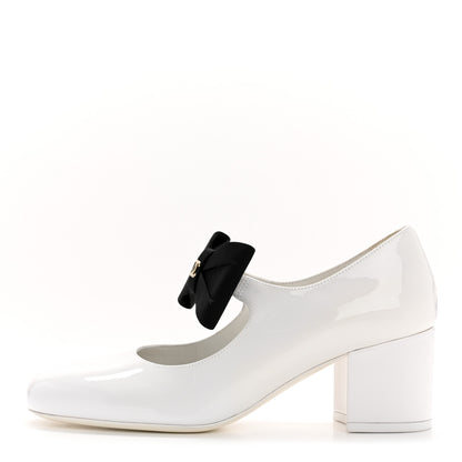Chanel Patent Calfskin Grosgrain Bow Mary Jane Pumps 37 White Black 1 of 9