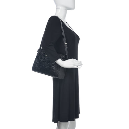 Saint Laurent Shiny Calfskin Crocodile Embossed Manhattan Baguette Black 2 of 10