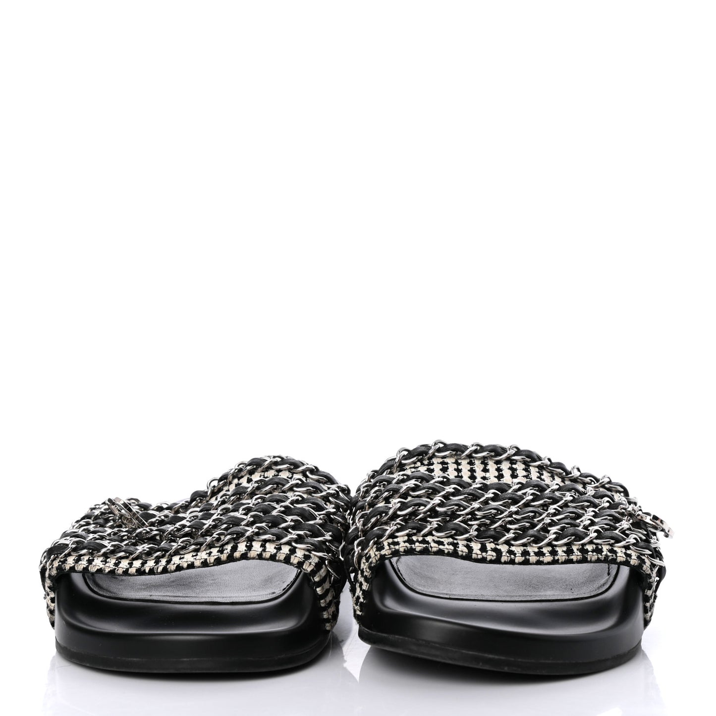 Tweed Lambskin Chain Flat Sandals 38 White Black