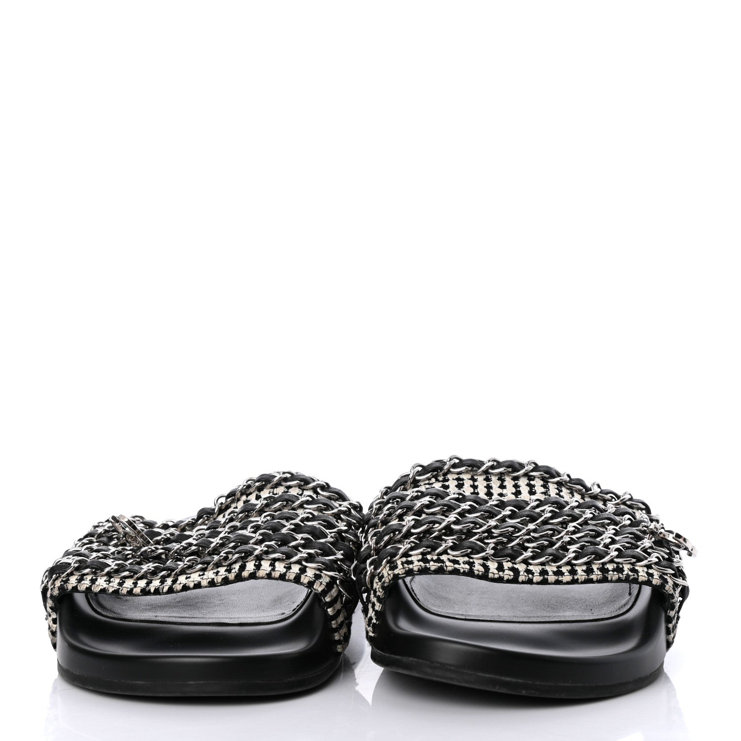 Chanel Tweed Lambskin Chain Flat Sandals 38 White Black 2 of 8