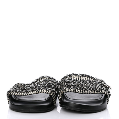 Chanel Tweed Lambskin Chain Flat Sandals 38 White Black 2 of 8