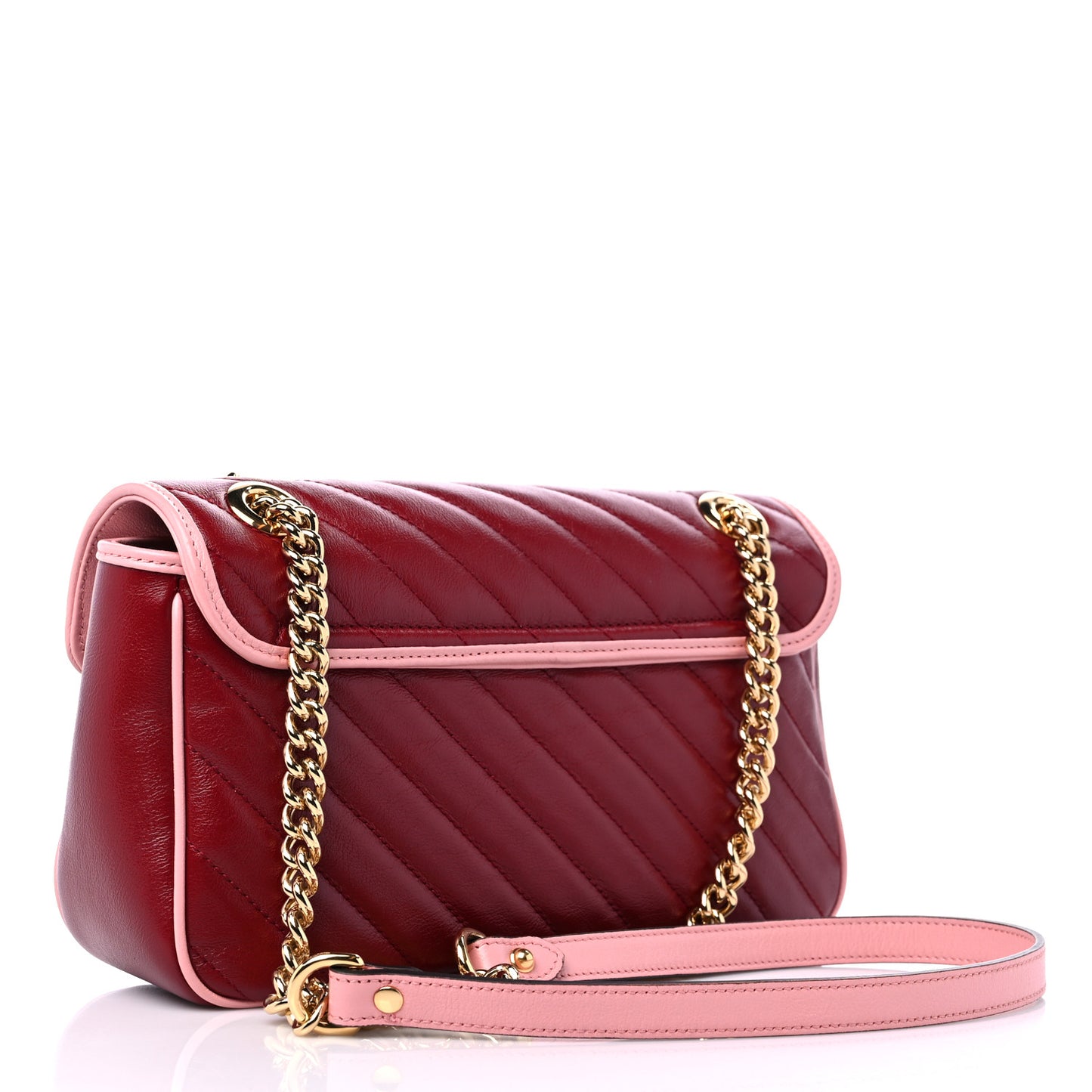 Azalea Calfskin Enamel Matelasse Diagonal Small Torchon GG Marmont Shoulder Bag New Cherry Red Wild Rose