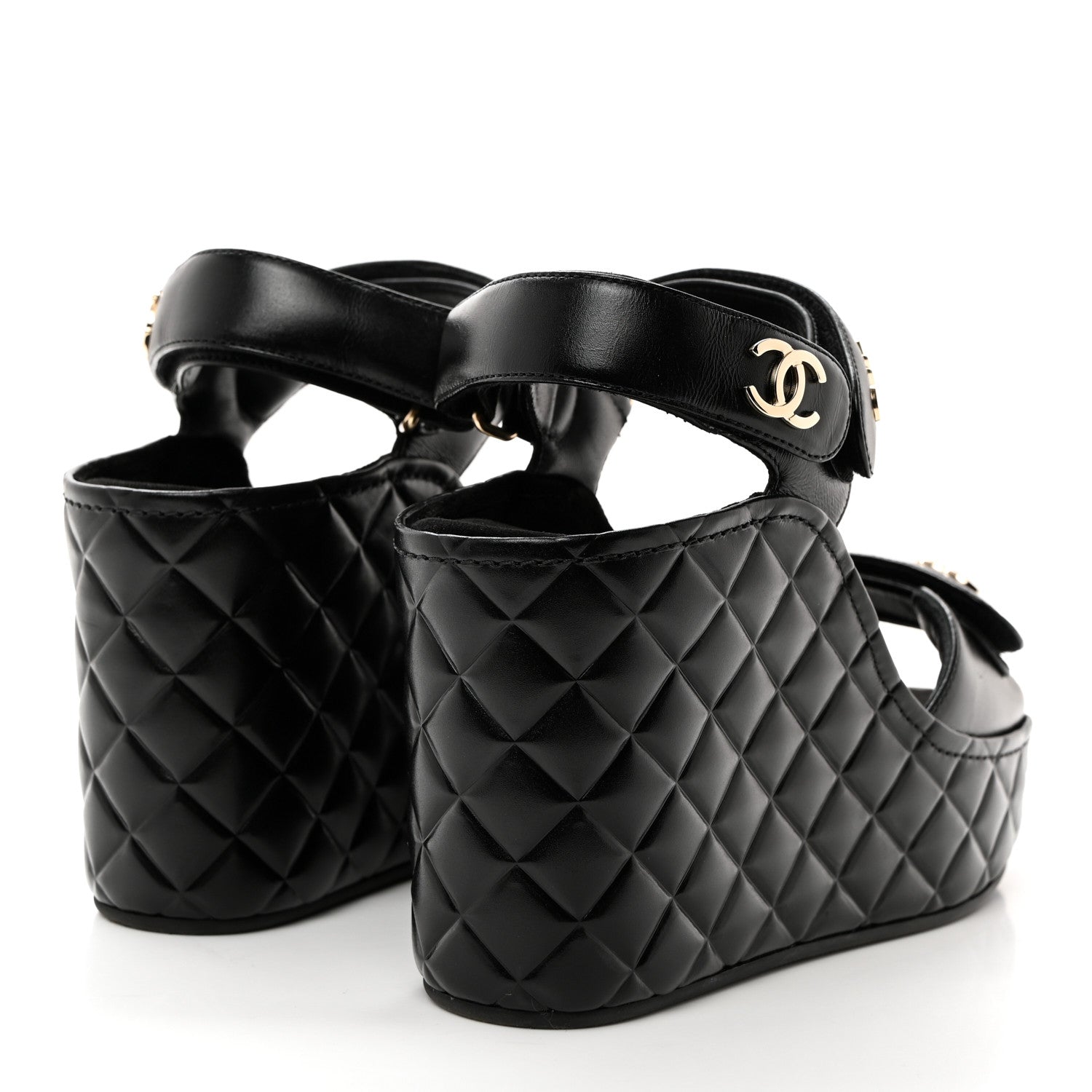 Chanel Shiny Calfskin Quilted Wedge Sandals 38 Black 4 of 9