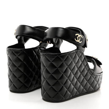 Chanel Shiny Calfskin Quilted Wedge Sandals 38 Black 4 of 9