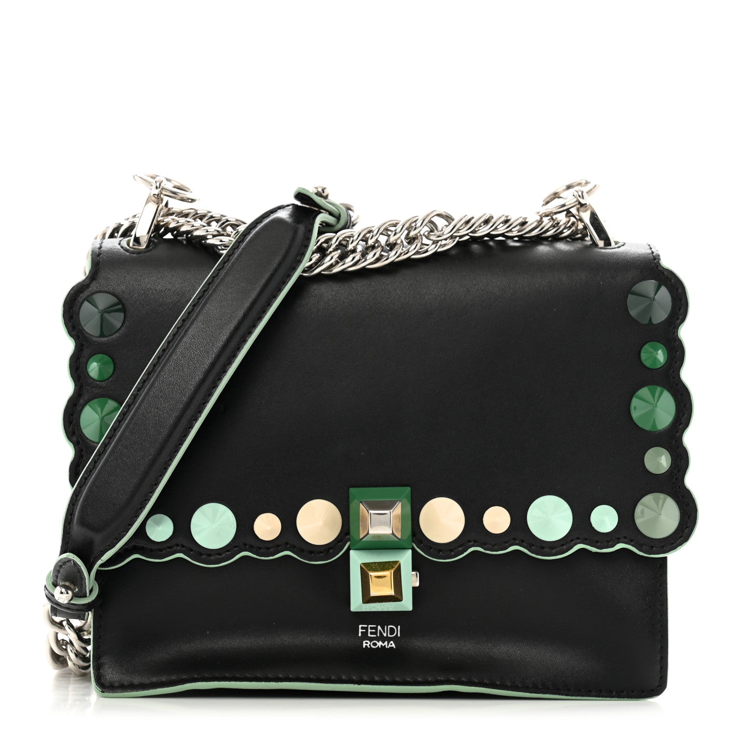 Fendi Vitello Liberty Scalloped Studded Small Kan I Shoulder Bag Black Multicolor 1 of 16