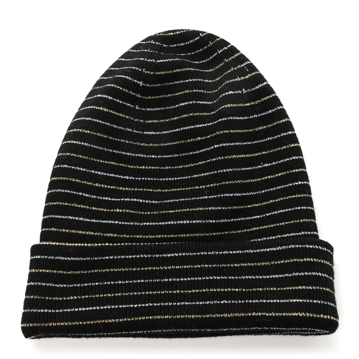 Metallic Wool Polyester Stripe Beanie Hat M Black Gold