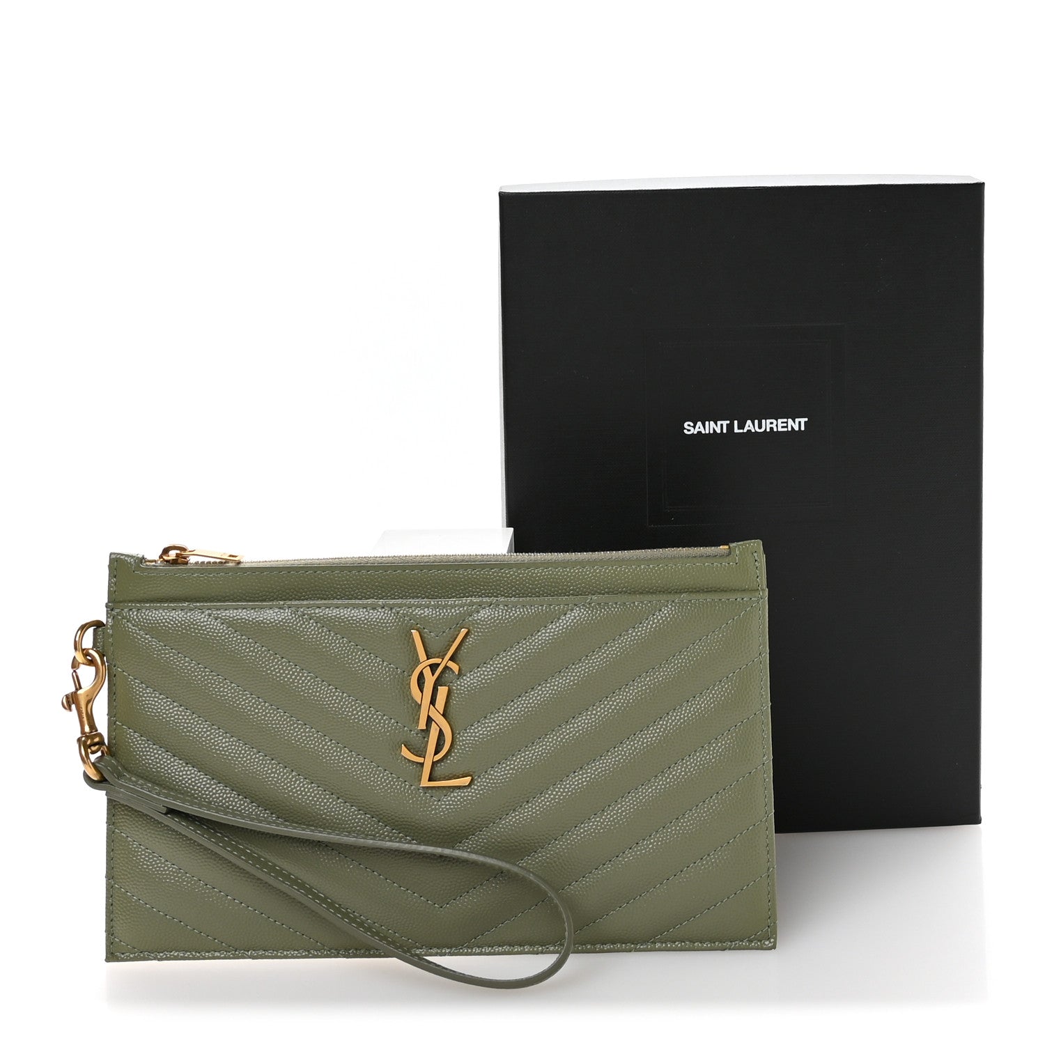 Saint Laurent Grain De Poudre Chevron Monogram Large Bill Pouch Light Sage 8 of 8