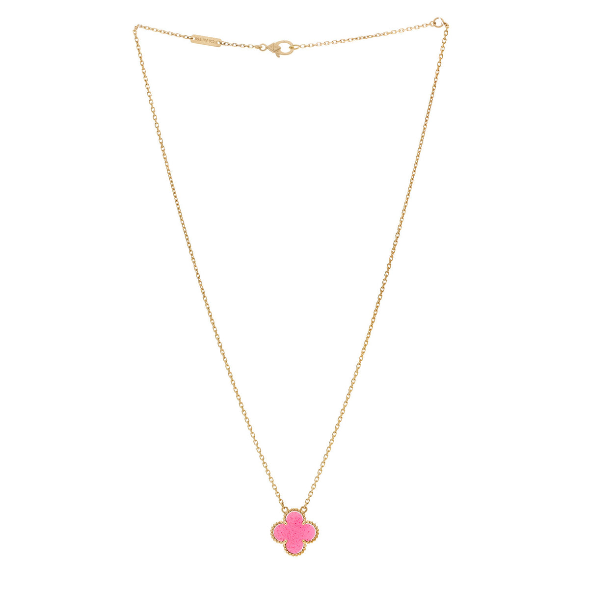 18K Yellow Gold Pink Enamel Vintage Alhambra Pendant Necklace