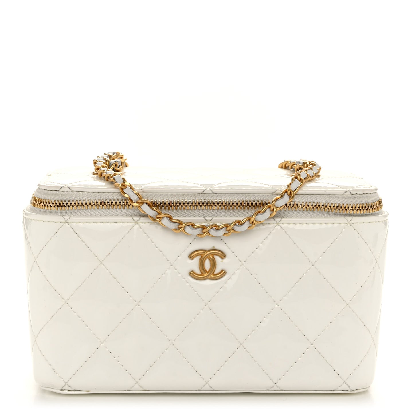 Patent Enamel Quilted Small Coco Hearts Vanity Case With Chain White