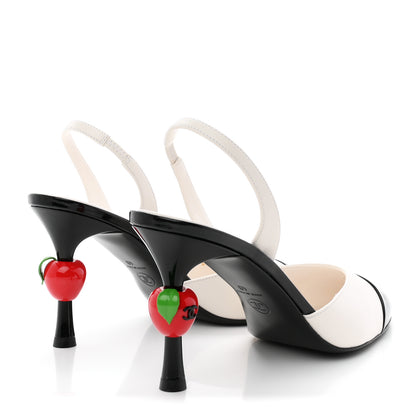 Chanel Lambskin Patent Calfskin Cap Toe CC Apple Slingback Pumps 40 White Black 5 of 10