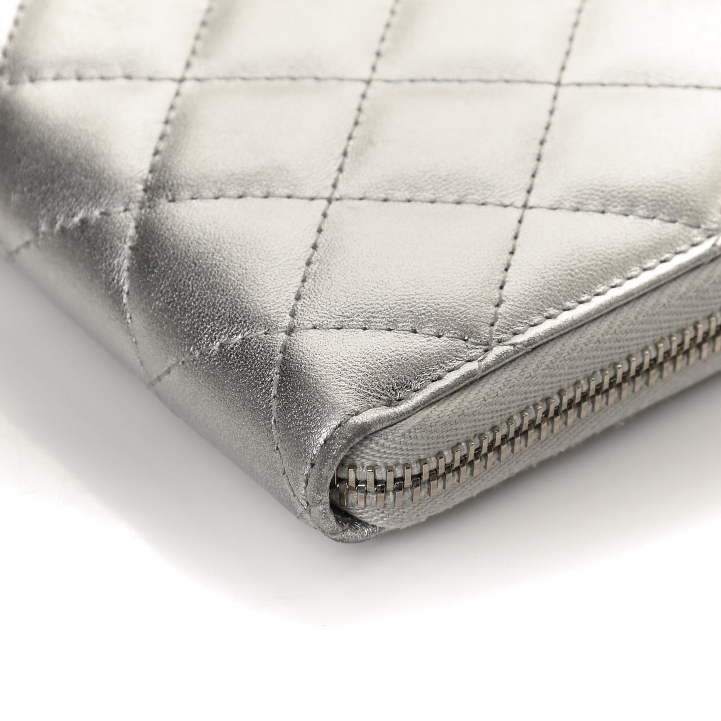 Metallic Lambskin Quilted Large Gusset Zip Around Wallet Silver