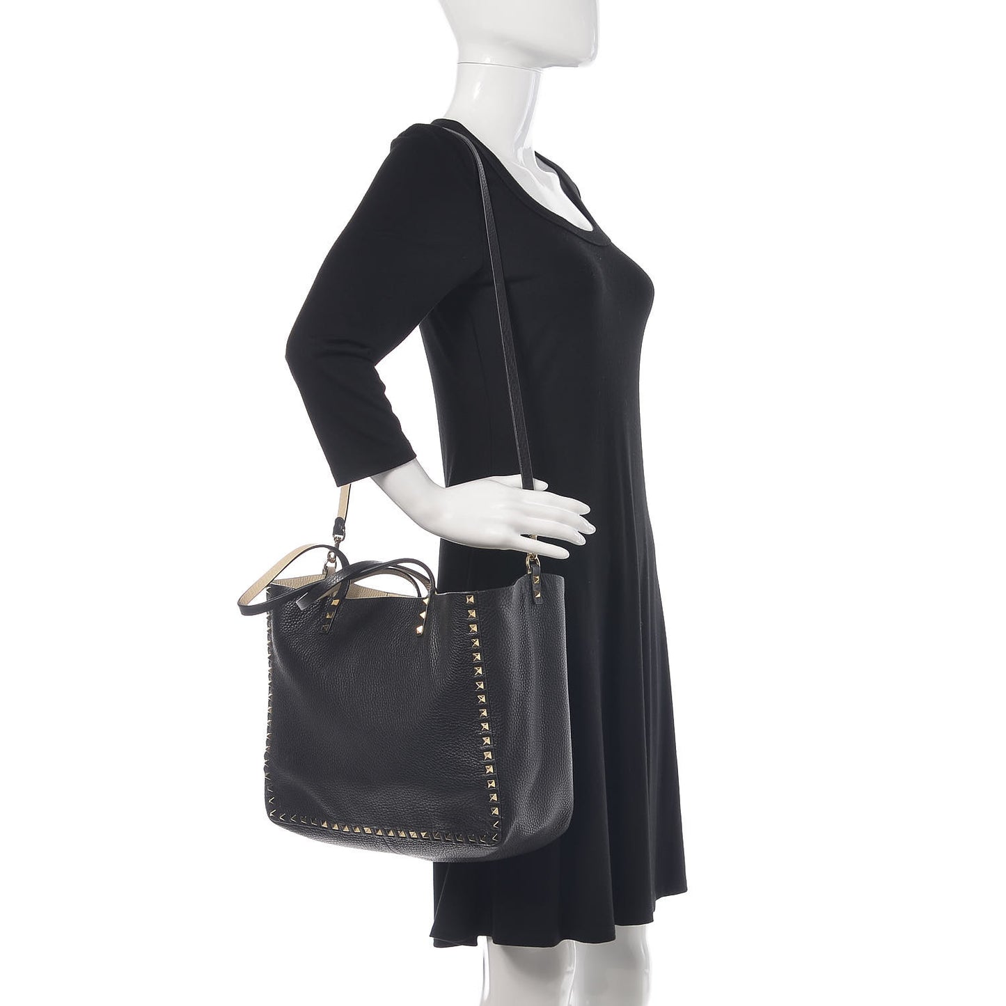 Grained Calfskin Medium Rockstud Reversible Tote Black Ivory