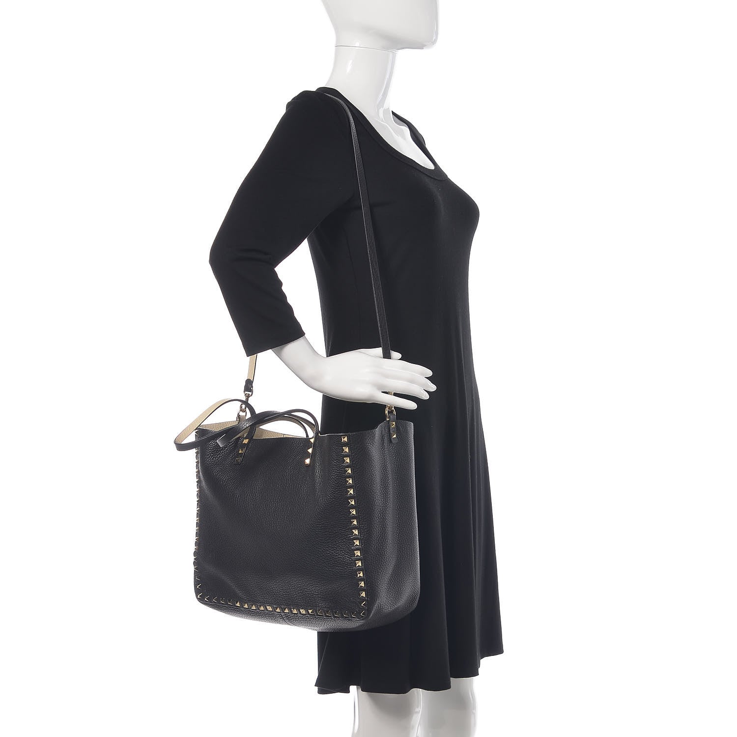 Valentino Garavani Grained Calfskin Medium Rockstud Reversible Tote Black Ivory 2 of 14