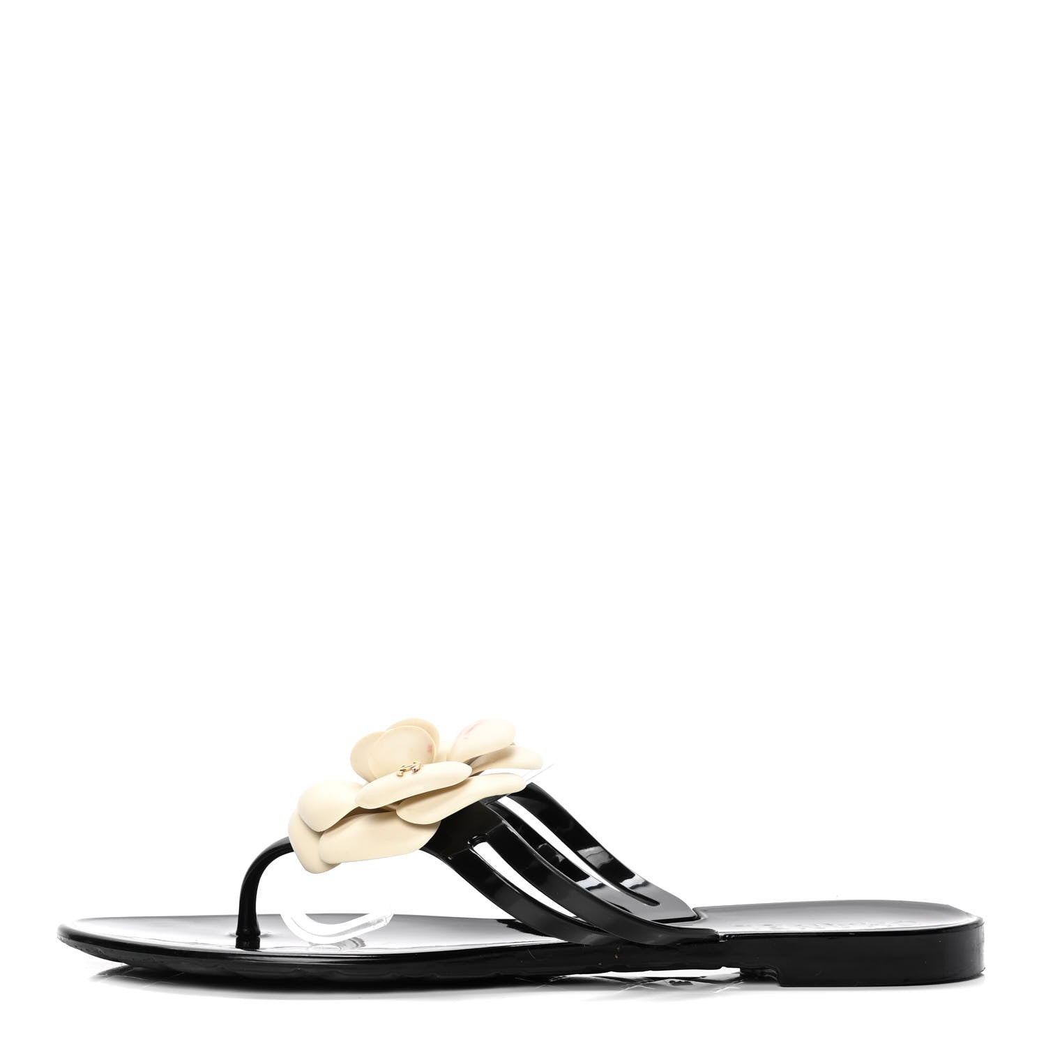 Chanel Jelly Camellia Thong Sandals 37 Black Ivory 1 of 5