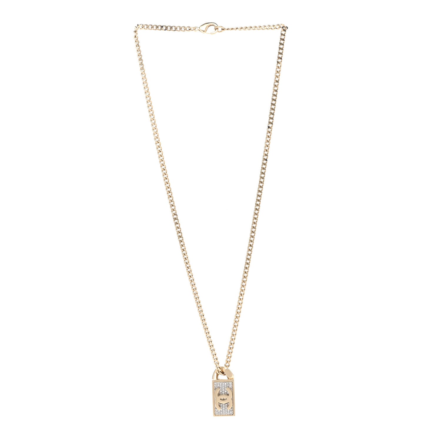 Chanel Crystal Dog Tag Charm Necklace Gold 3 of 5