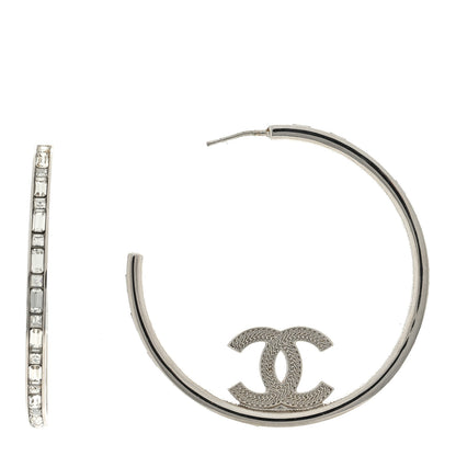 Chanel Metal Crystal Baguette CC Large Hoop Earrings Silver 1 of 5