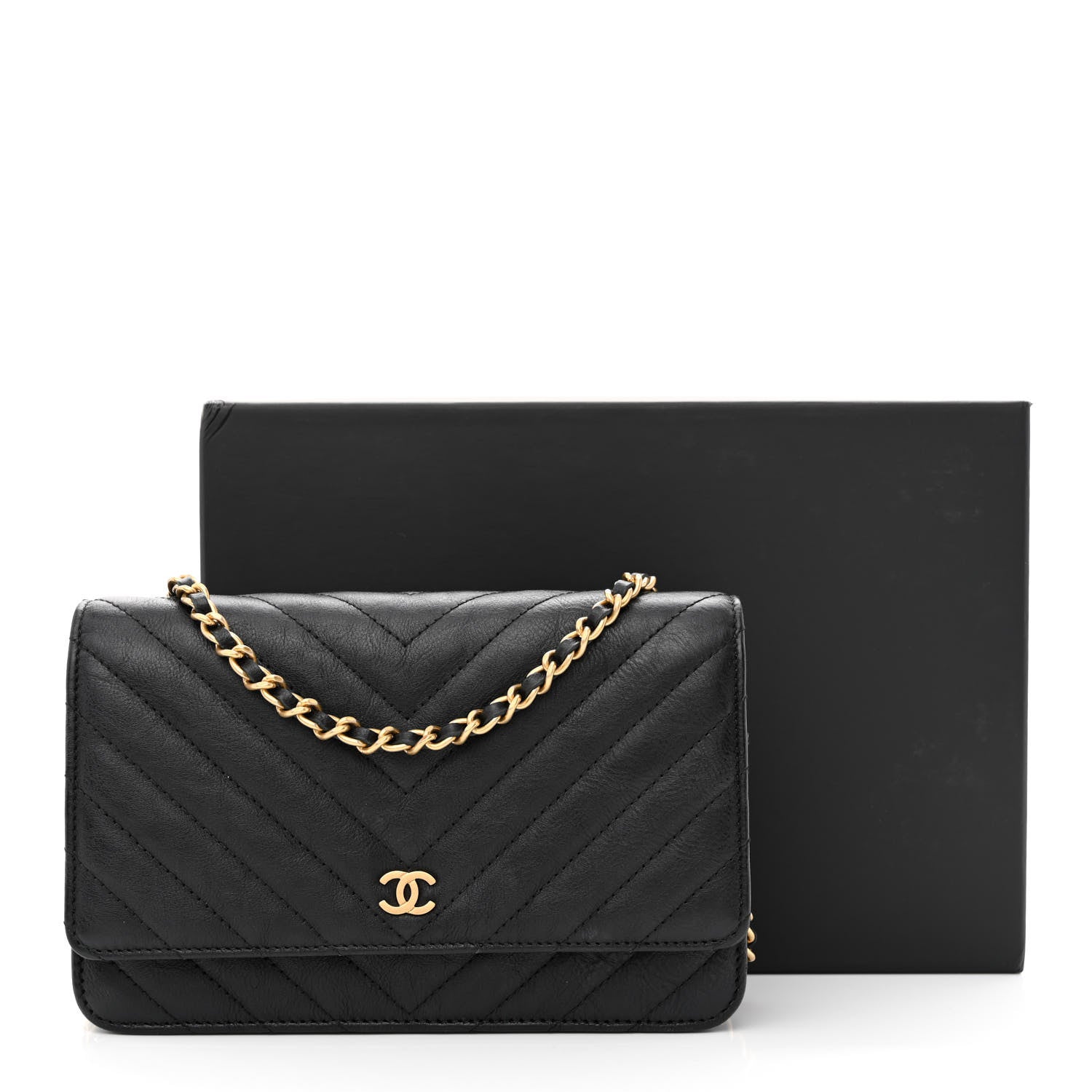 Chanel Crumpled Calfskin Chevron Quilted Wallet On Chain WOC Black 12 of 12