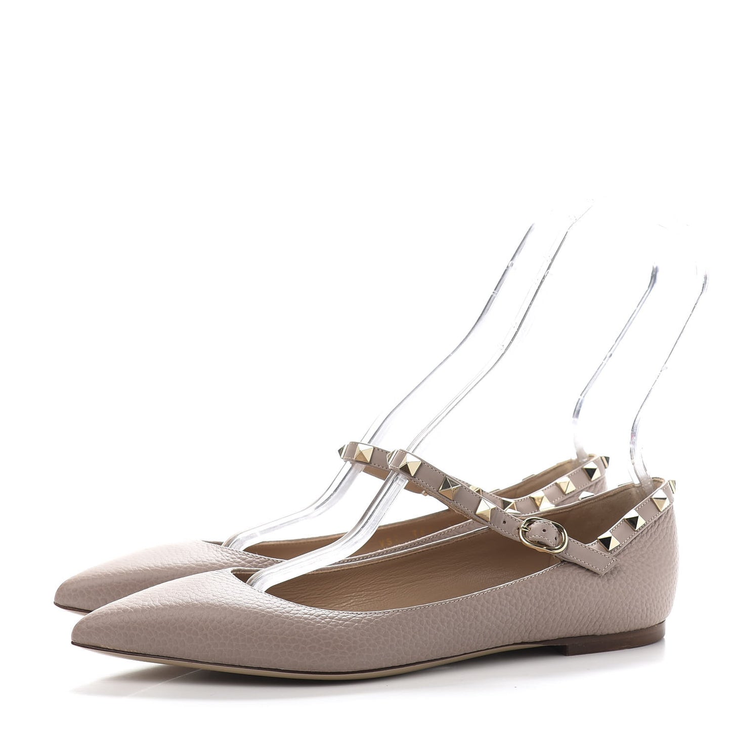 Pebbled Calfskin Rockstud Ankle Strap Ballerina Flats 39.5 Poudre