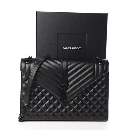 Saint Laurent Grain De Poudre Textured Mixed Matelasse Large Triquilt Monogram Monochrome Satchel Black 13 of 13