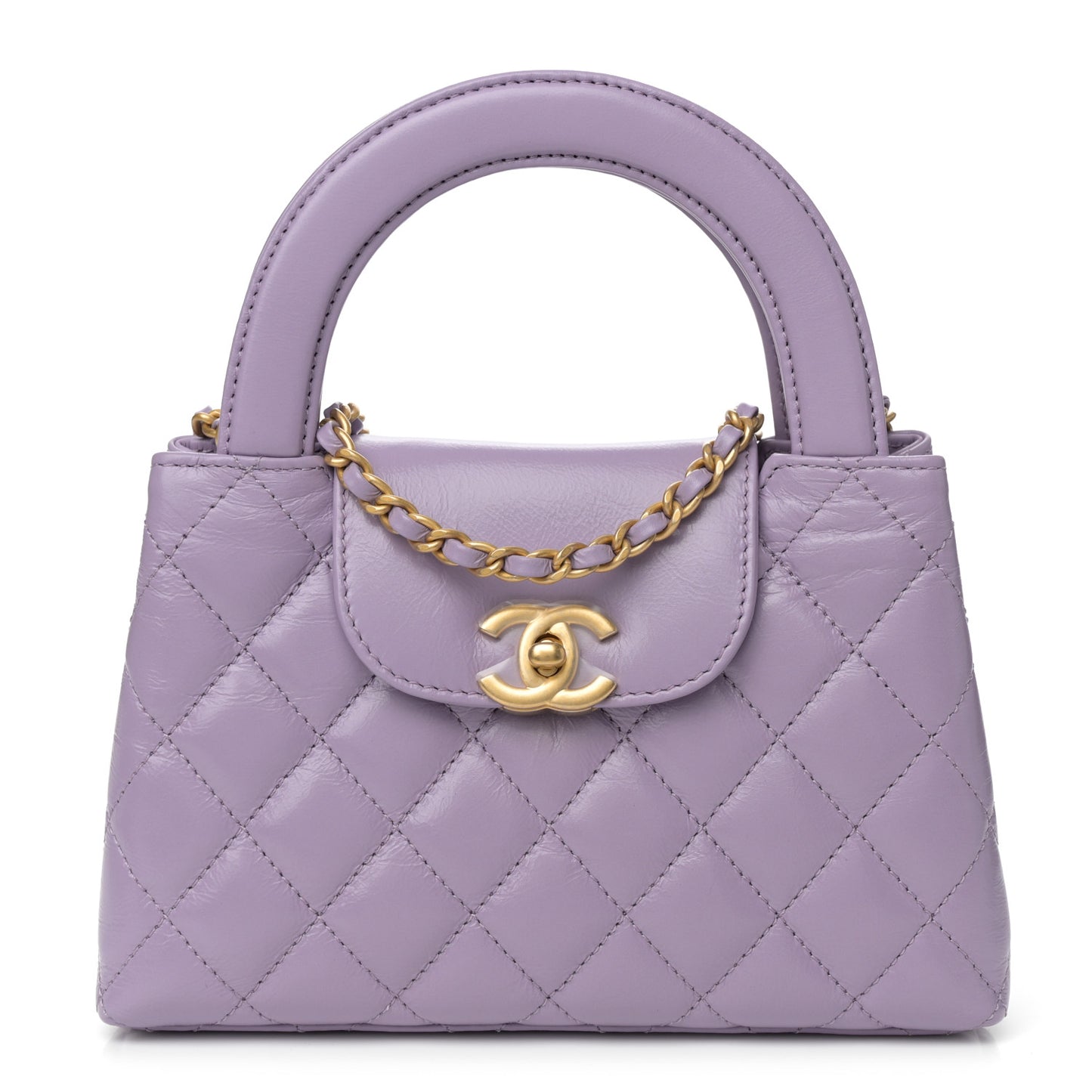 Shiny Aged Calfskin Quilted Nano Kelly Shopper Lilac