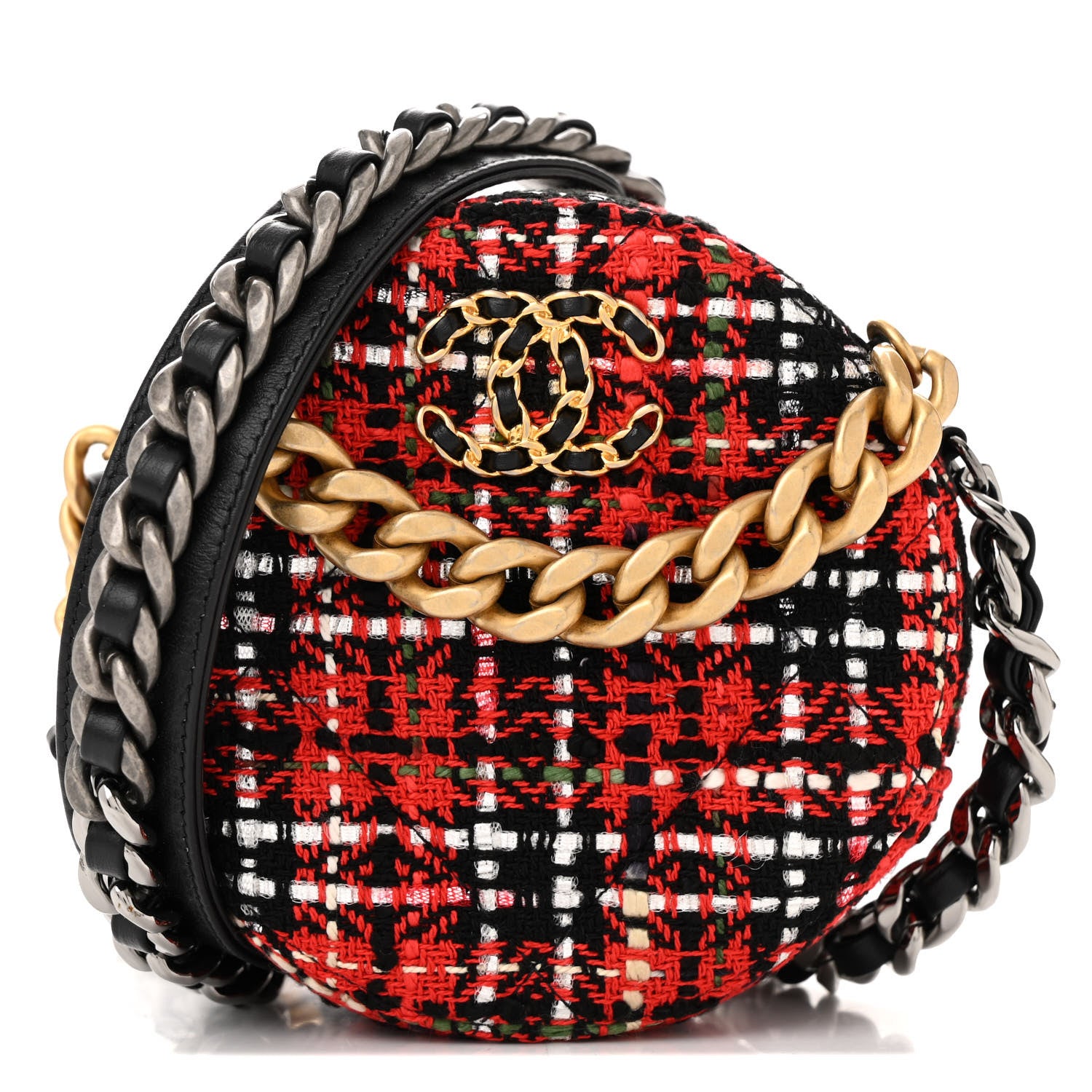 Chanel Tweed Quilted Chanel 19 Round Clutch With Chain  Red Black White Green 1 of 11