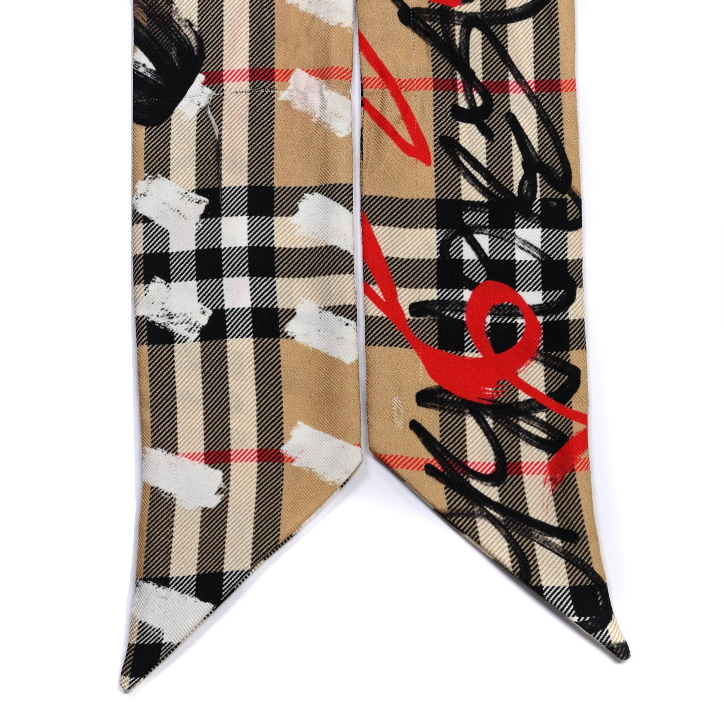 Silk Vintage Check Scribble Print Skinny Scarf Archive Beige