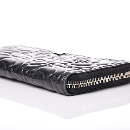 Chanel Lambskin Camellia Embossed Large Zip Around Gusset Wallet Black 10 of 14