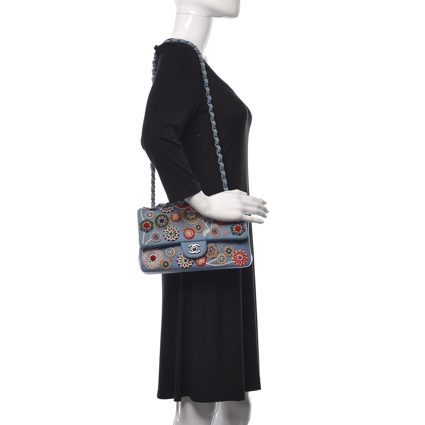 Felt Flower Embroidered Medium Double Flap Blue Multicolor