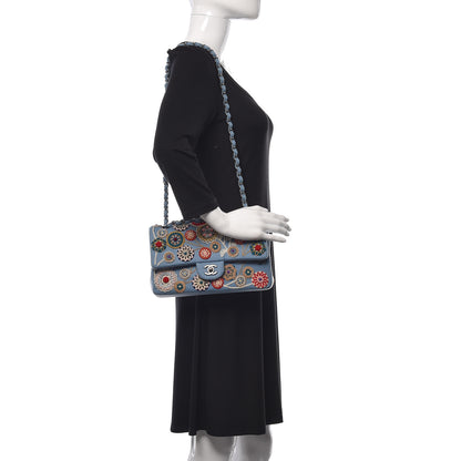 Chanel Felt Flower Embroidered Medium Double Flap Blue Multicolor 2 of 10